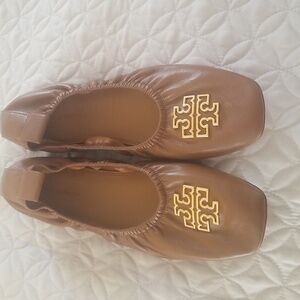 Tory Burch Brown Flats with Gold Logo